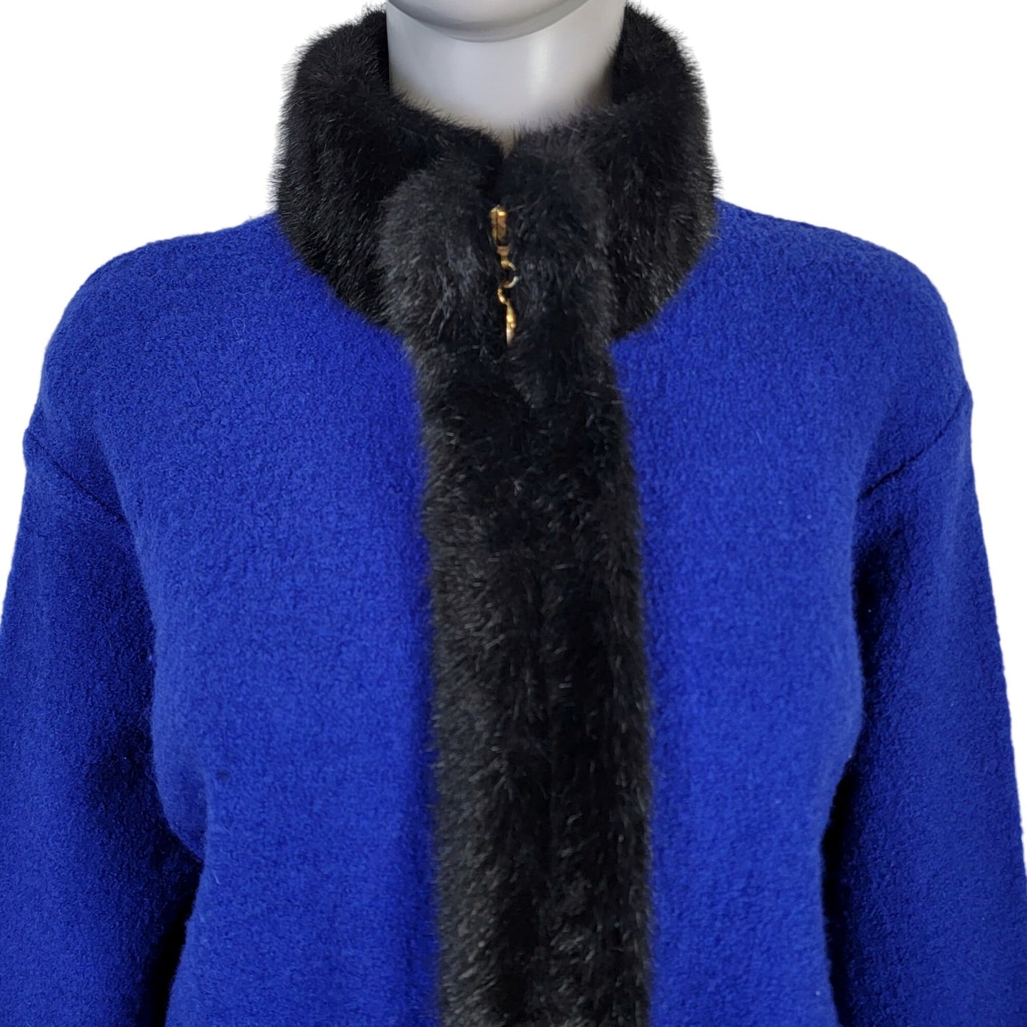 Vintage 80s Wool Jacket Women Large Blue Black Faux Fur Trim Coat