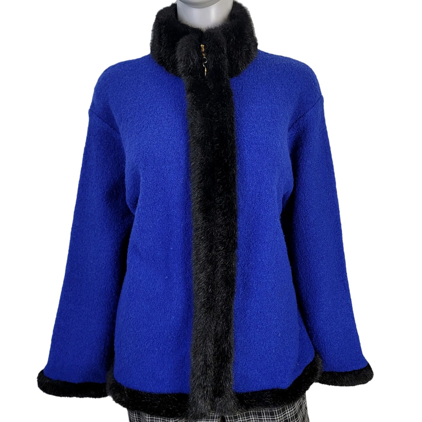 Vintage 80s Wool Jacket Women Large Blue Black Faux Fur Trim Coat