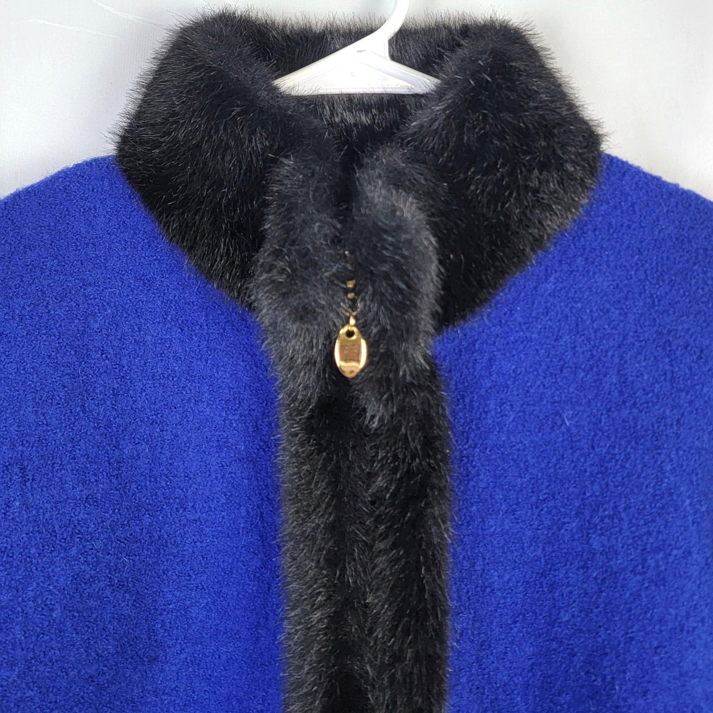 Vintage 80s Wool Jacket Women Large Blue Black Faux Fur Trim Coat