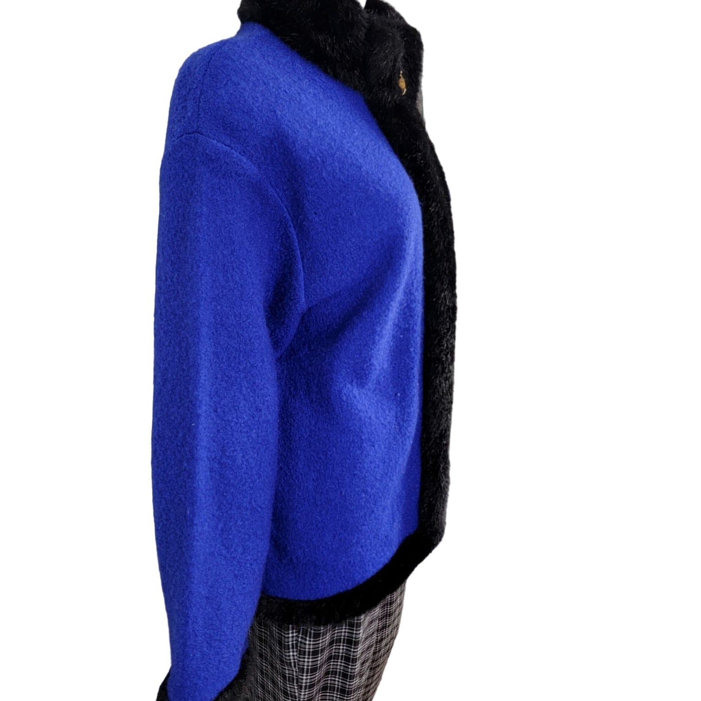 Vintage 80s Wool Jacket Women Large Blue Black Faux Fur Trim Coat