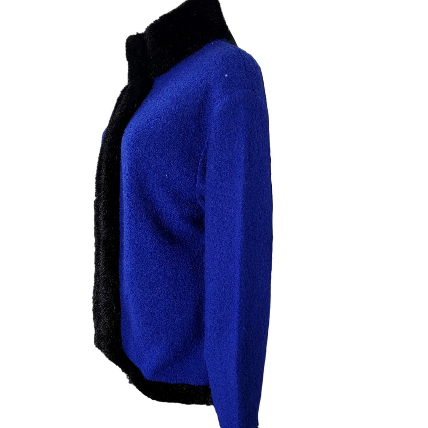 Vintage 80s Wool Jacket Women Large Blue Black Faux Fur Trim Coat