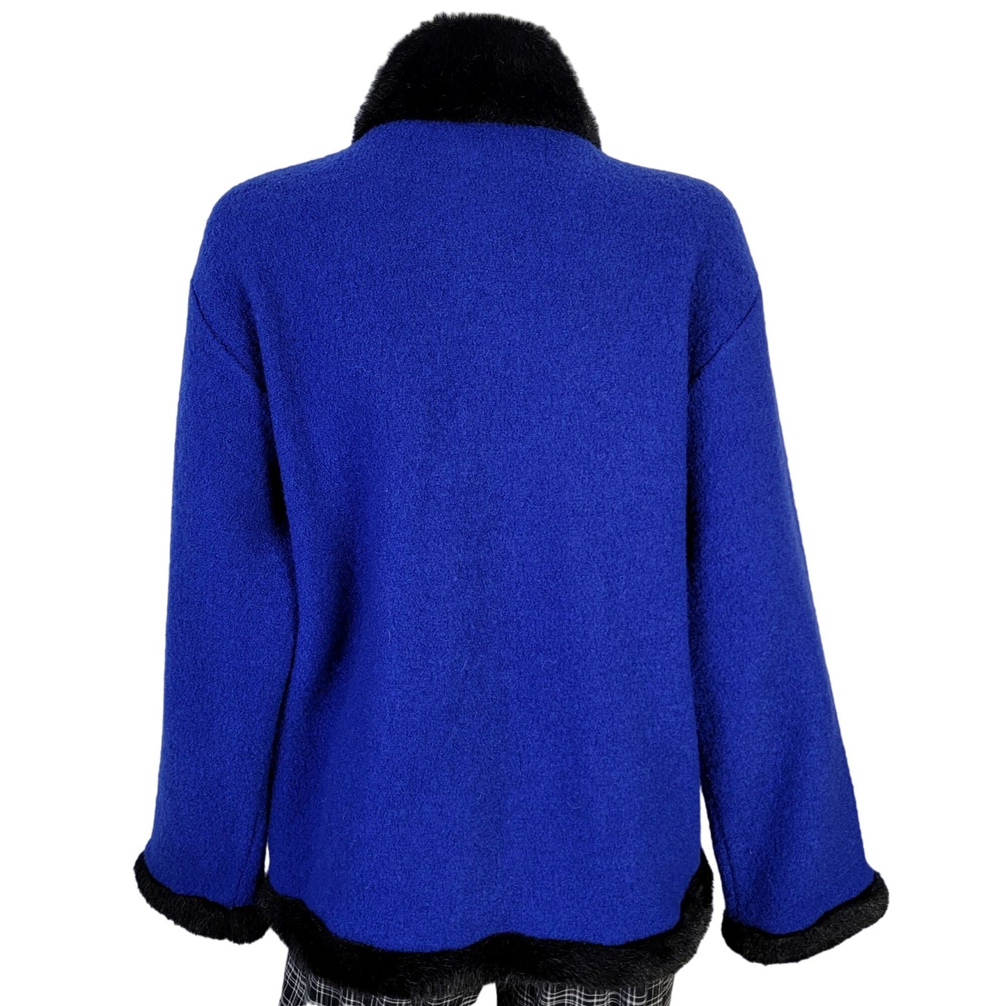 Vintage 80s Wool Jacket Women Large Blue Black Faux Fur Trim Coat