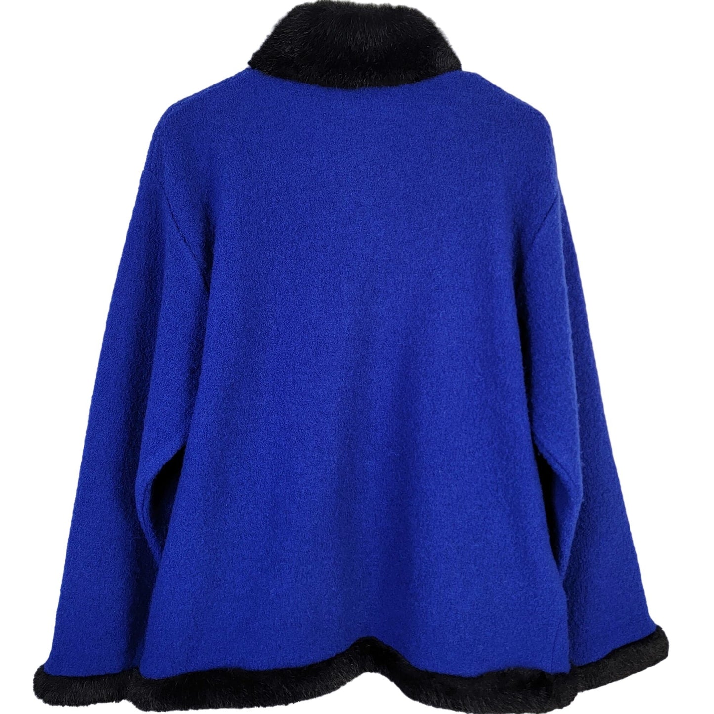 Vintage 80s Wool Jacket Women Large Blue Black Faux Fur Trim Coat
