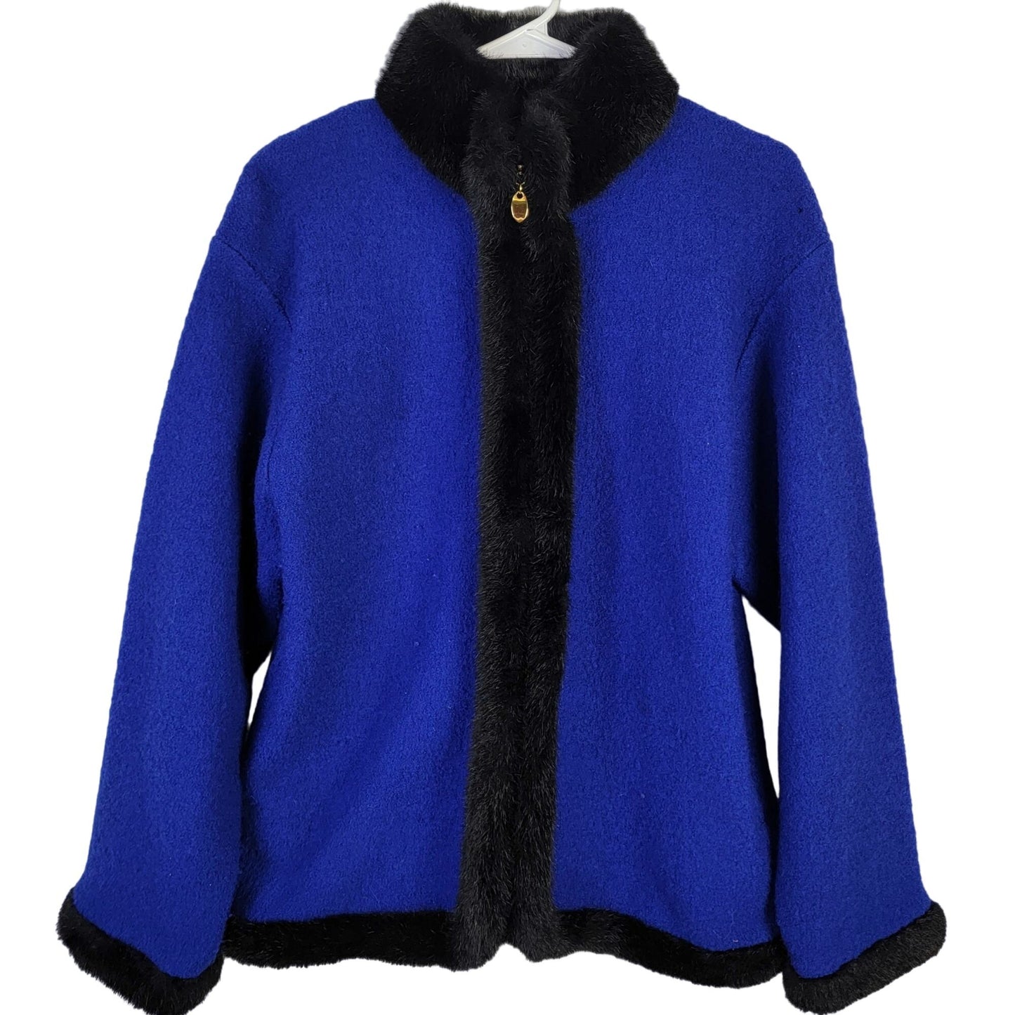 Vintage 80s Wool Jacket Women Large Blue Black Faux Fur Trim Coat
