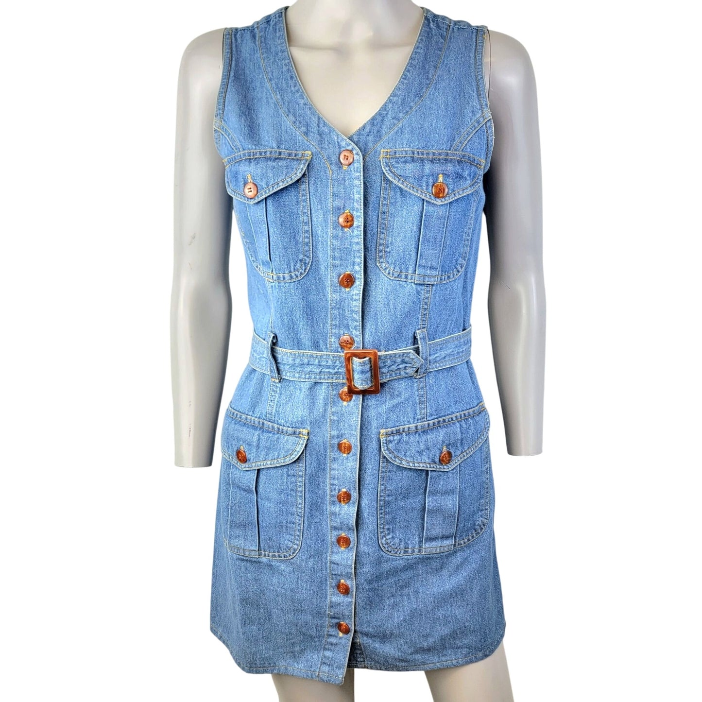 Vintage 90s Denim Mini Dress Women Small 6 Blue Button Up Belt Sleeveless Party