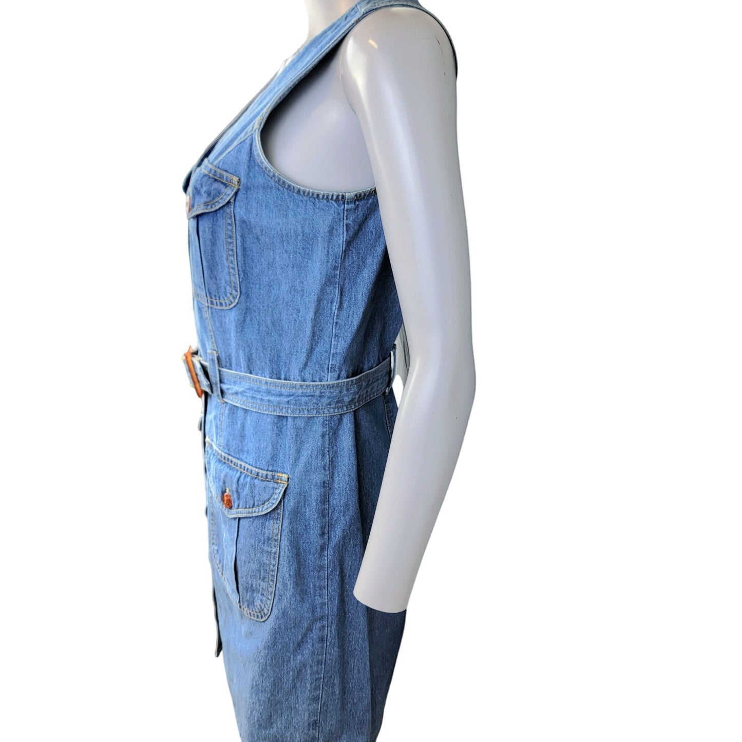 Vintage 90s Denim Mini Dress Women Small 6 Blue Button Up Belt Sleeveless Party