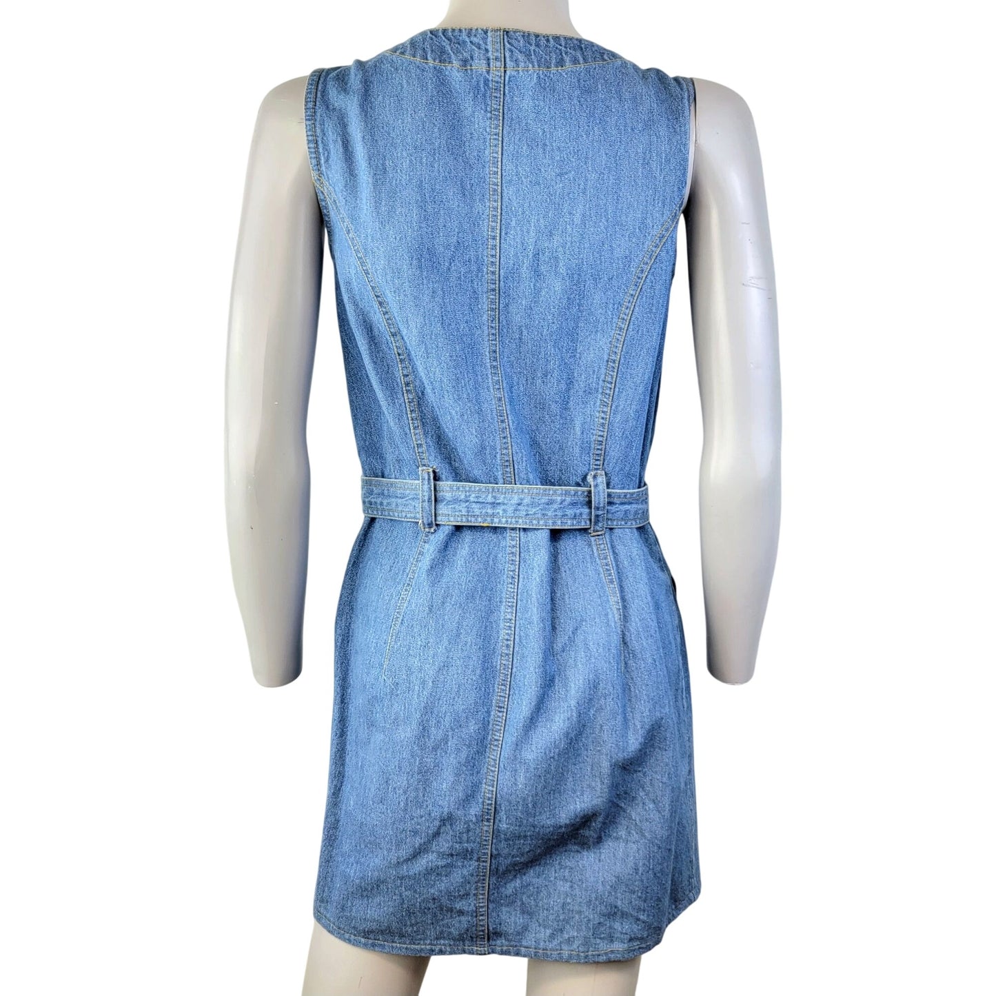 Vintage 90s Denim Mini Dress Women Small 6 Blue Button Up Belt Sleeveless Party