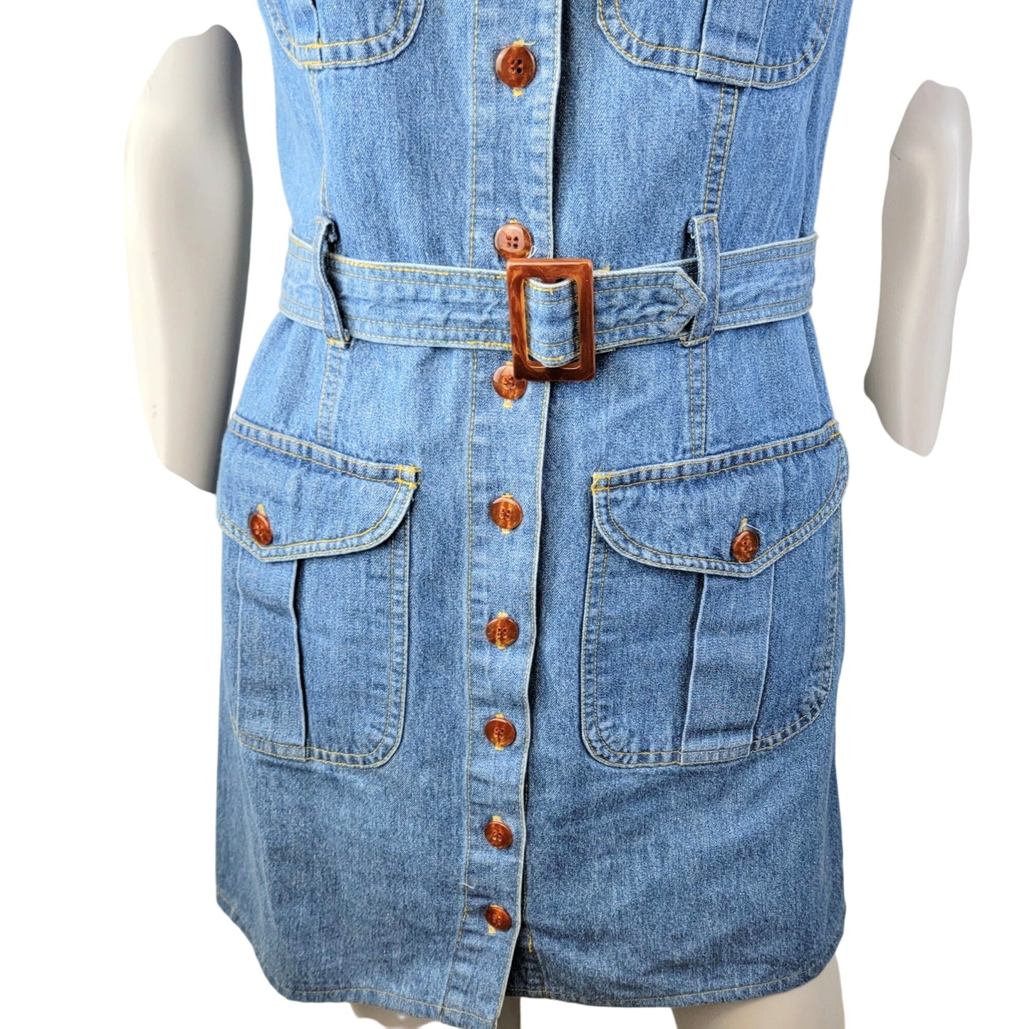 Vintage 90s Denim Mini Dress Women Small 6 Blue Button Up Belt Sleeveless Party