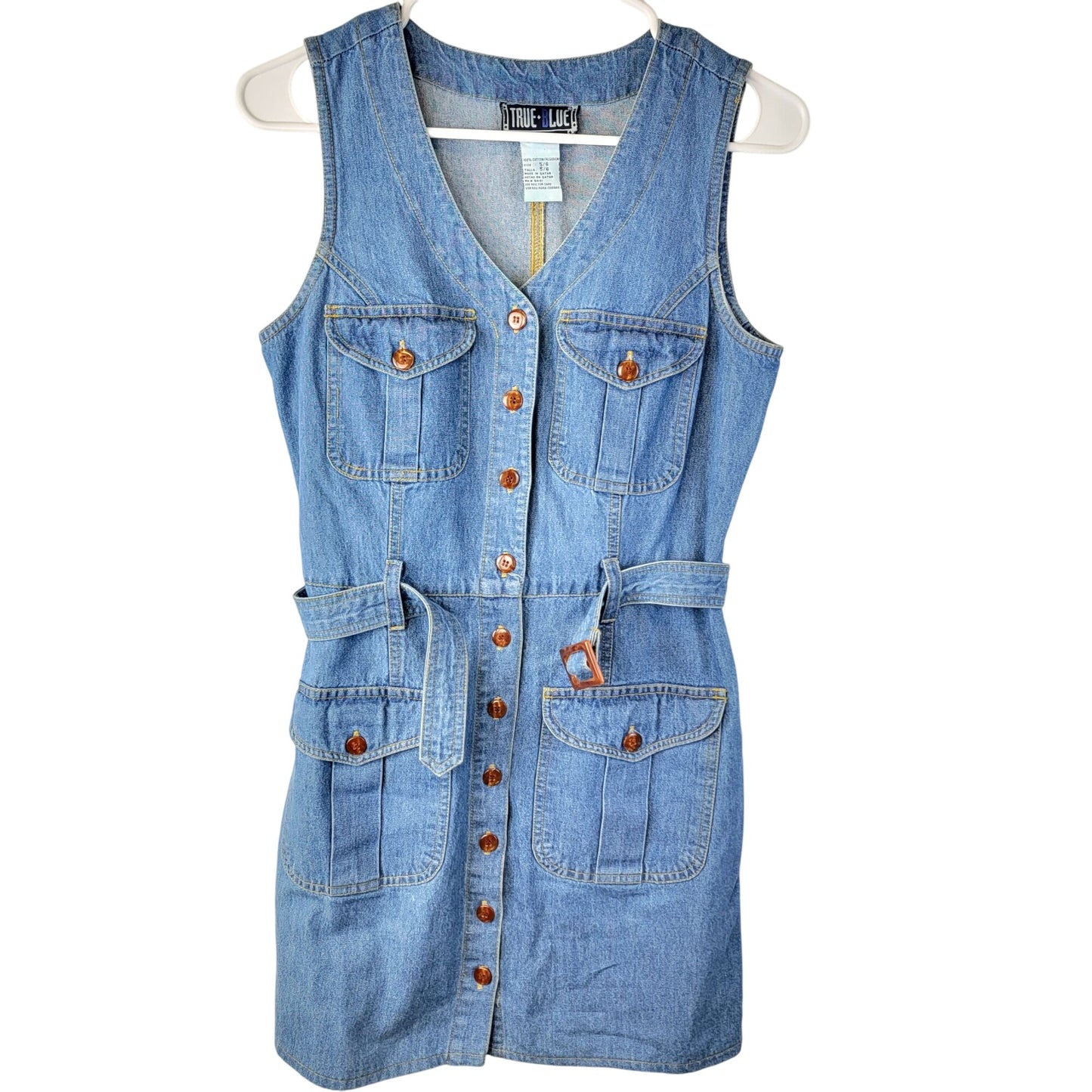 Vintage 90s Denim Mini Dress Women Small 6 Blue Button Up Belt Sleeveless Party