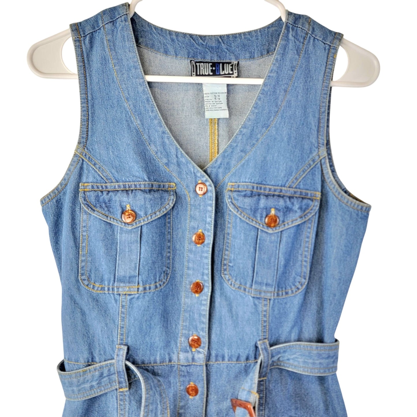 Vintage 90s Denim Mini Dress Women Small 6 Blue Button Up Belt Sleeveless Party