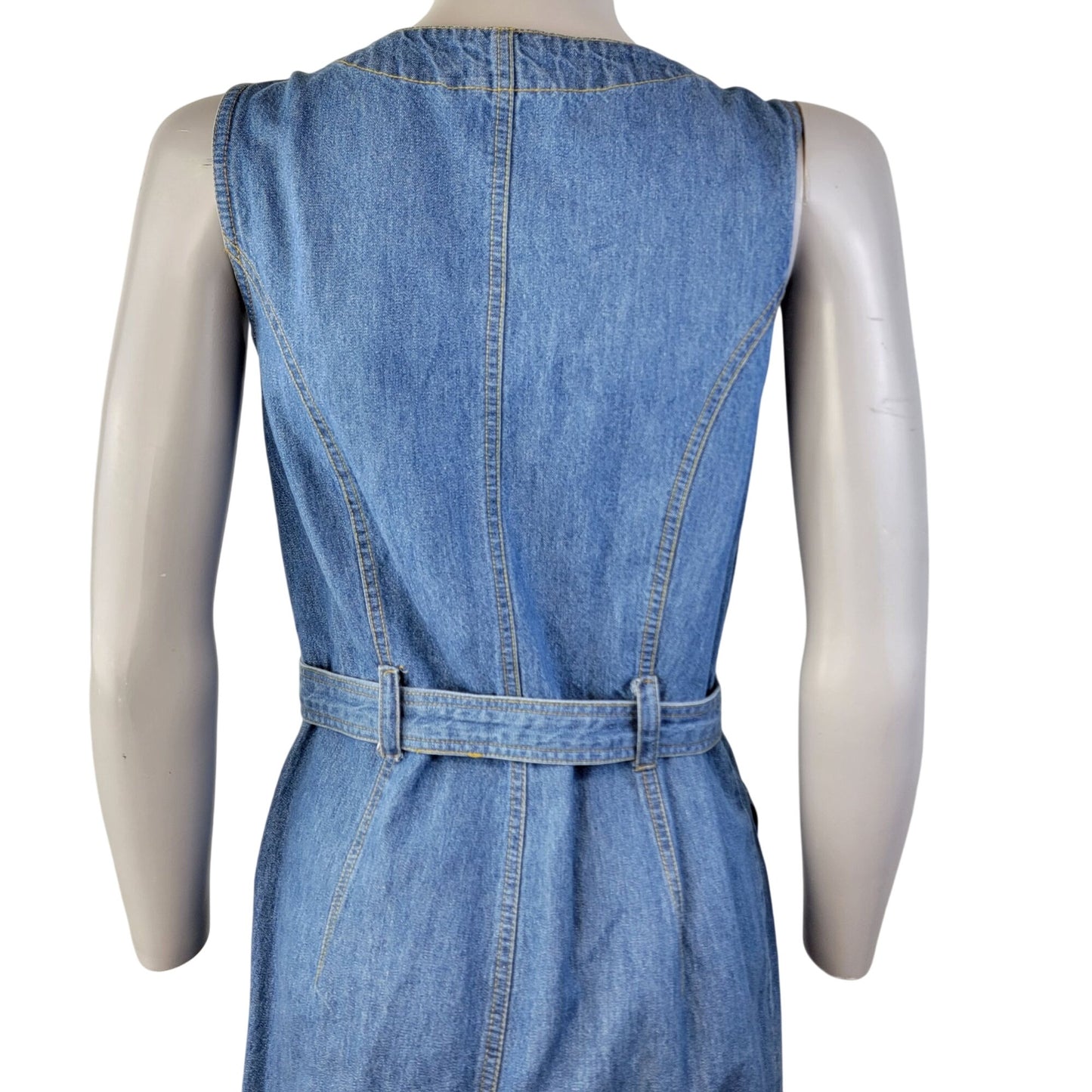 Vintage 90s Denim Mini Dress Women Small 6 Blue Button Up Belt Sleeveless Party