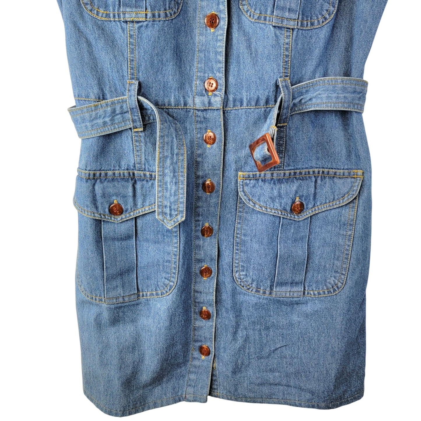 Vintage 90s Denim Mini Dress Women Small 6 Blue Button Up Belt Sleeveless Party