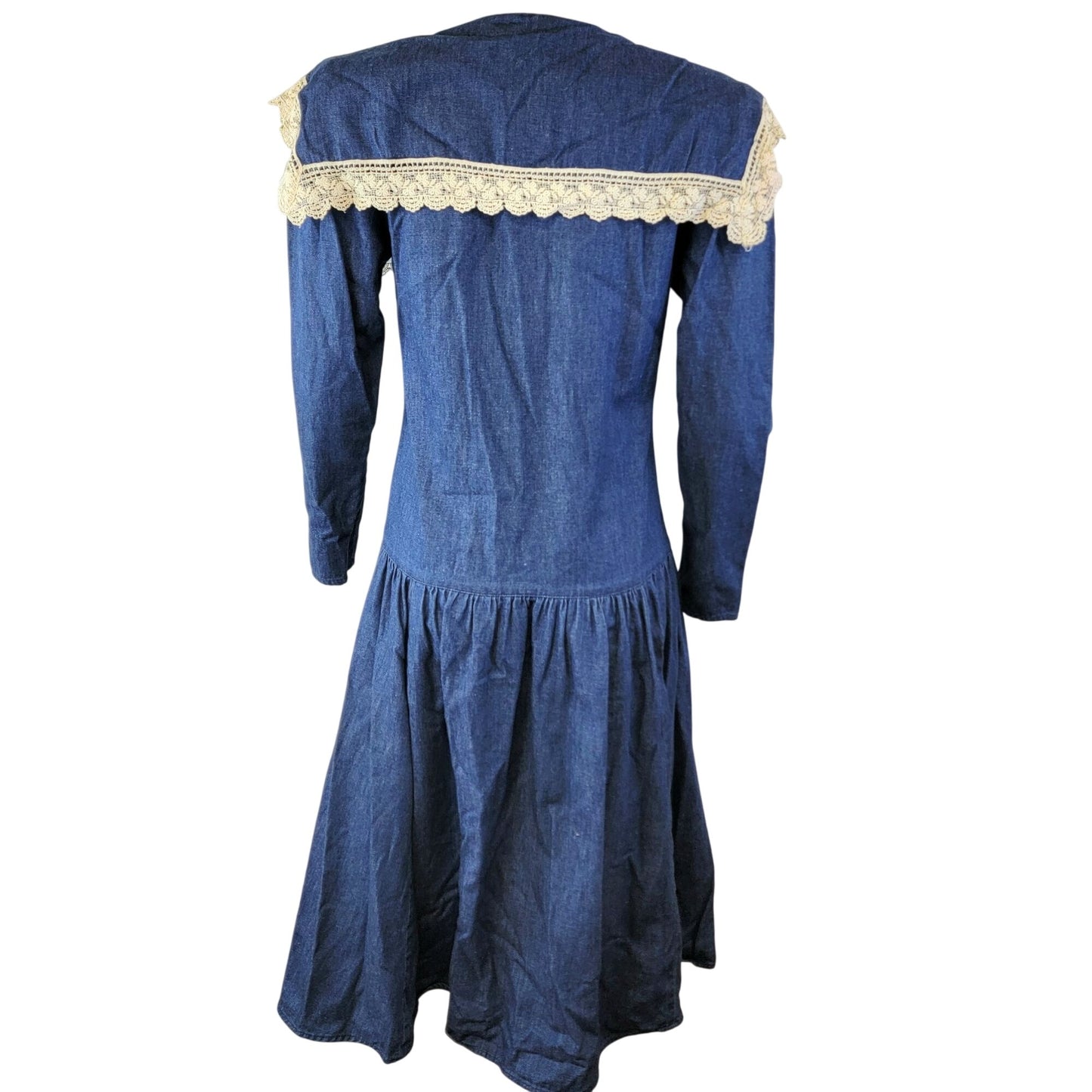 Gunne Sax Vintage 70s Denim Midi Dress Women Small Bib Lace Collar Formal Blue