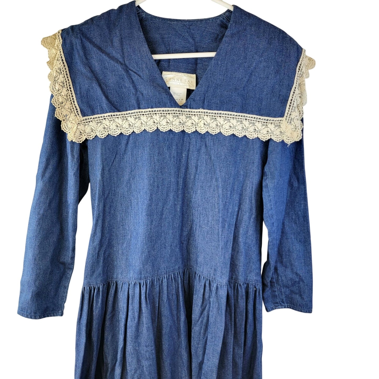 Gunne Sax Vintage 70s Denim Midi Dress Women Small Bib Lace Collar Formal Blue