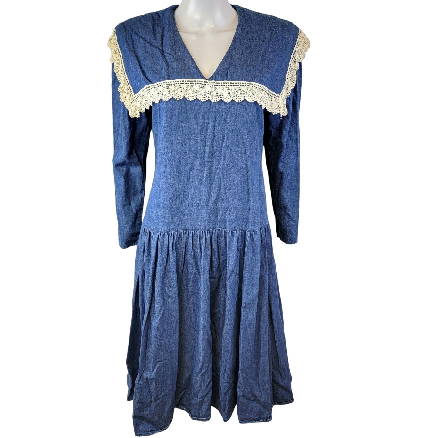 Gunne Sax Vintage 70s Denim Midi Dress Women Small Bib Lace Collar Formal Blue