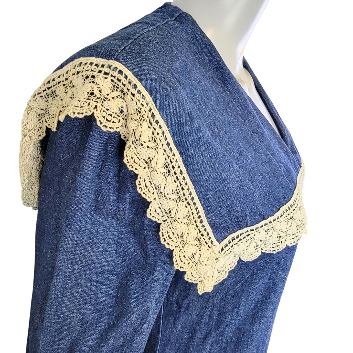 Gunne Sax Vintage 70s Denim Midi Dress Women Small Bib Lace Collar Formal Blue