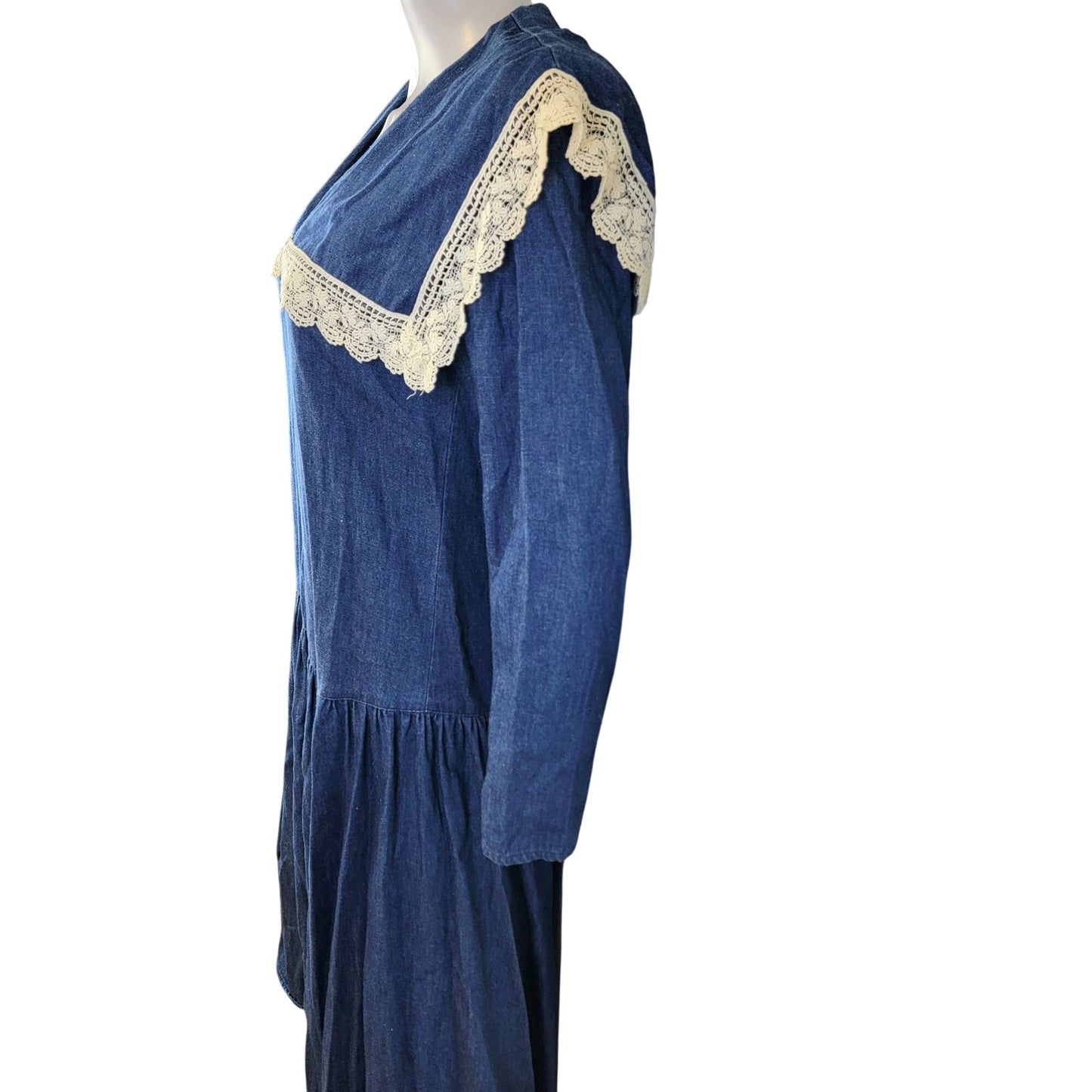 Gunne Sax Vintage 70s Denim Midi Dress Women Small Bib Lace Collar Formal Blue