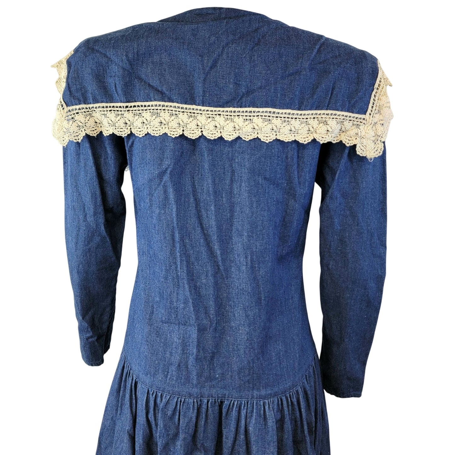 Gunne Sax Vintage 70s Denim Midi Dress Women Small Bib Lace Collar Formal Blue