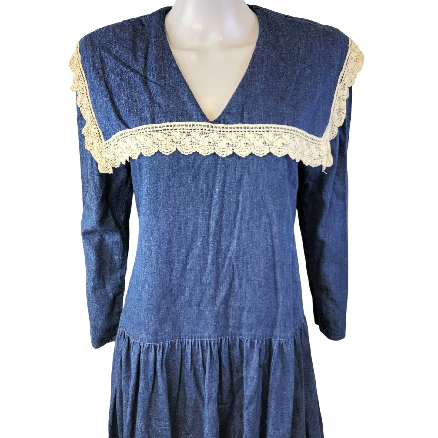 Gunne Sax Vintage 70s Denim Midi Dress Women Small Bib Lace Collar Formal Blue
