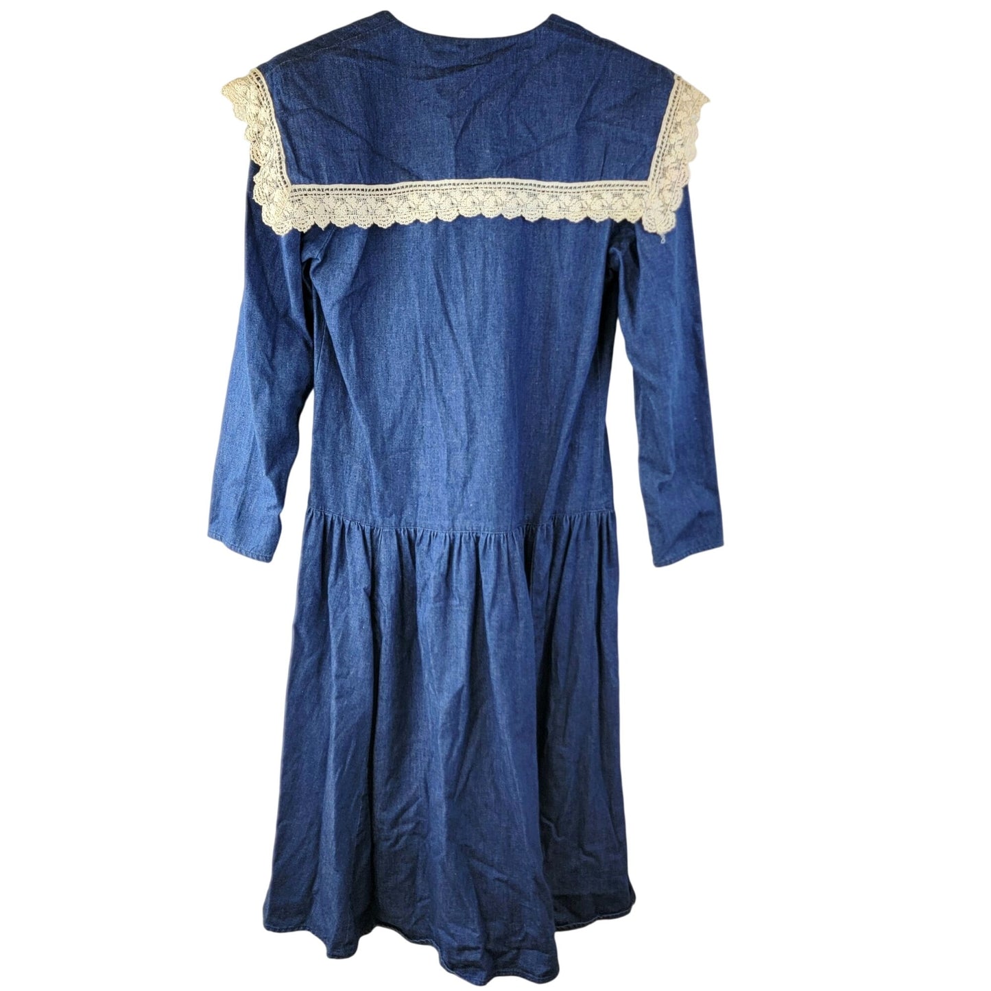 Gunne Sax Vintage 70s Denim Midi Dress Women Small Bib Lace Collar Formal Blue
