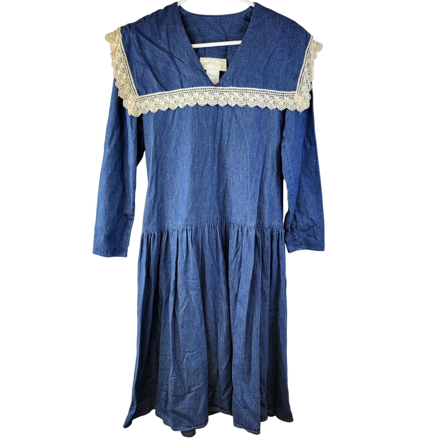 Gunne Sax Vintage 70s Denim Midi Dress Women Small Bib Lace Collar Formal Blue