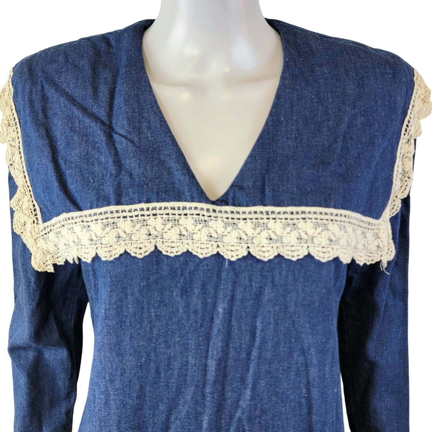 Gunne Sax Vintage 70s Denim Midi Dress Women Small Bib Lace Collar Formal Blue