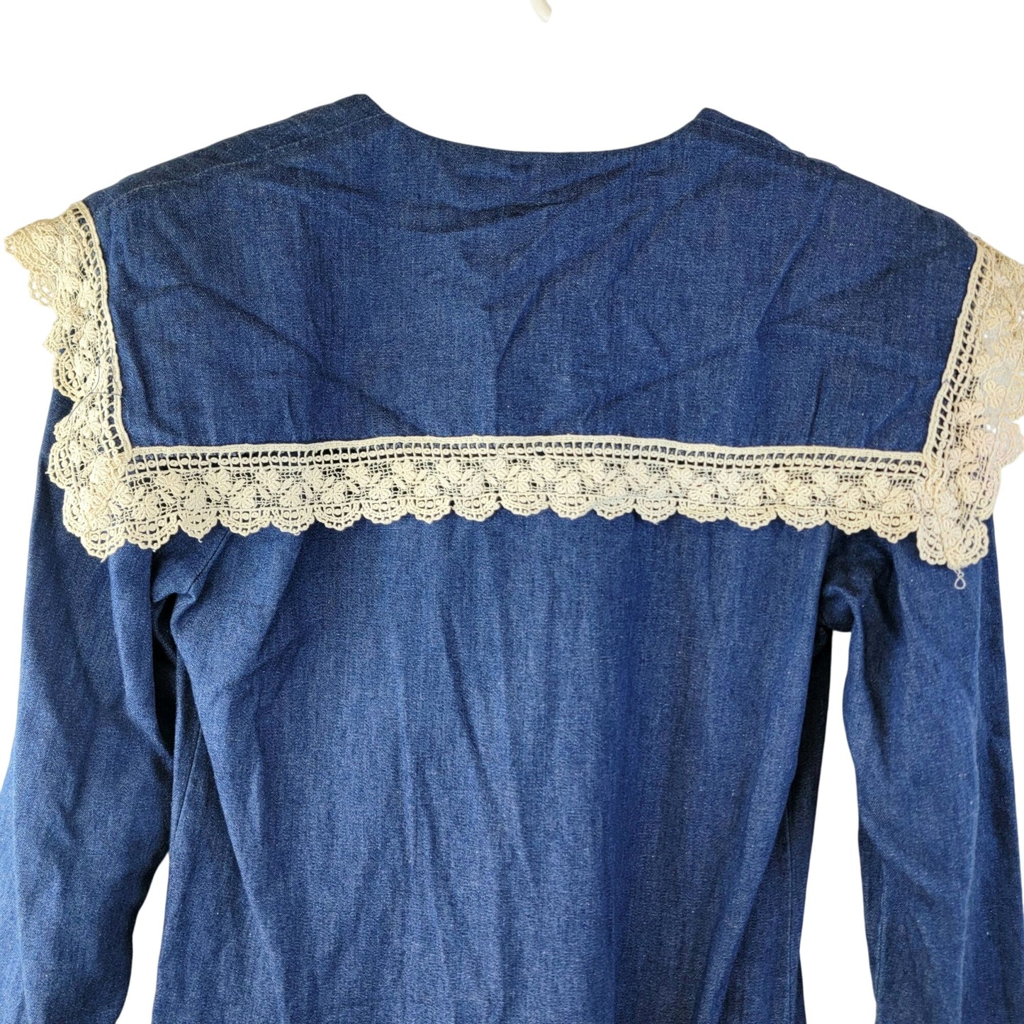 Gunne Sax Vintage 70s Denim Midi Dress Women Small Bib Lace Collar Formal Blue