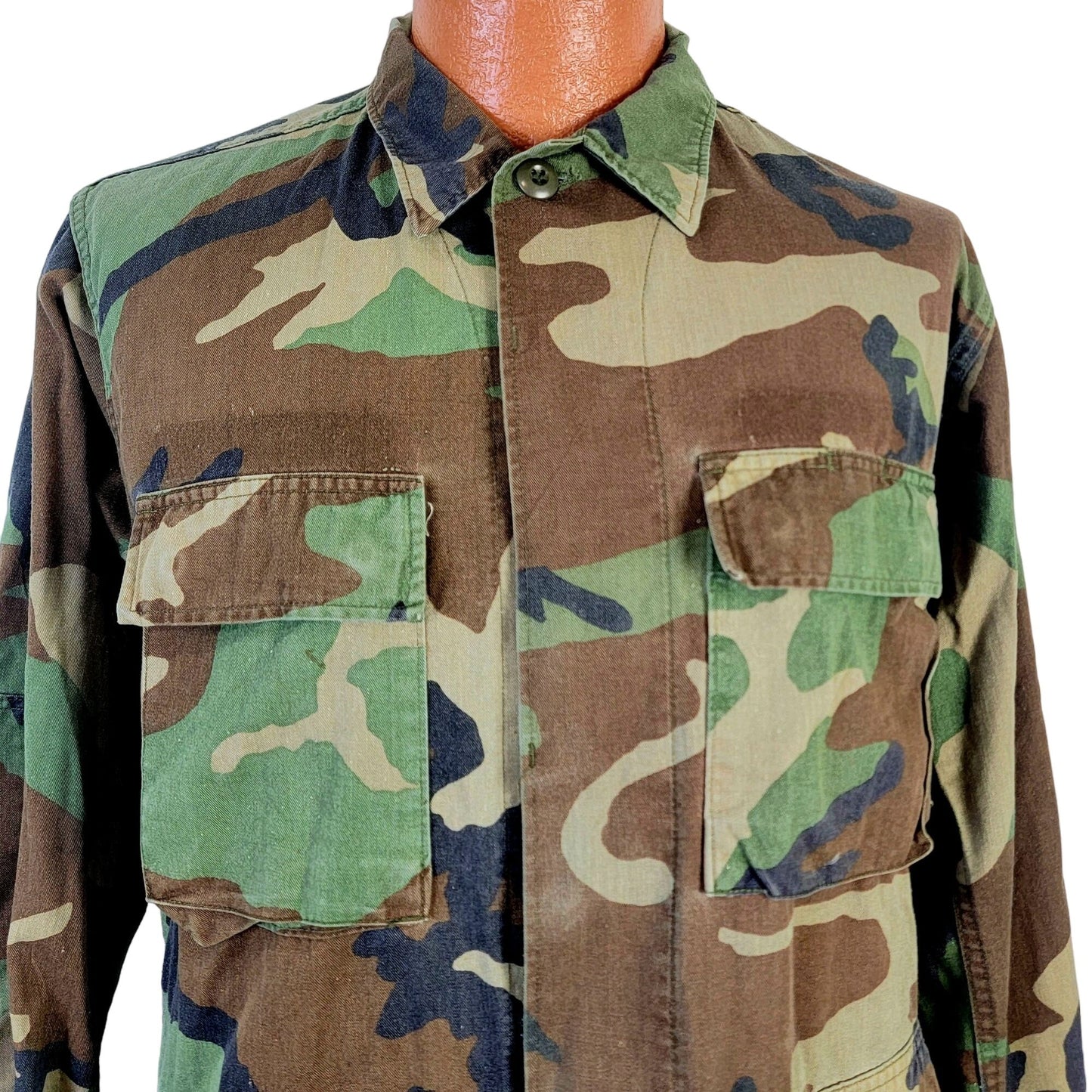 Woodland Camouflage Cargo Shirt Jacket Men Small Green Brown Military Camo