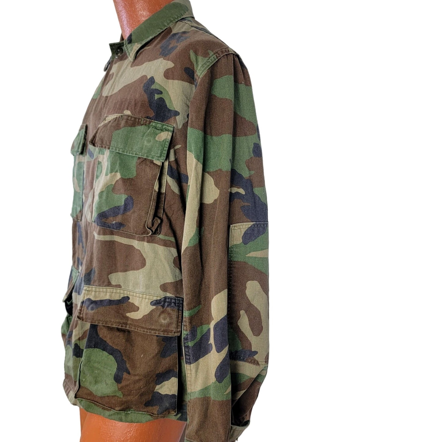 Woodland Camouflage Cargo Shirt Jacket Men Small Green Brown Military Camo