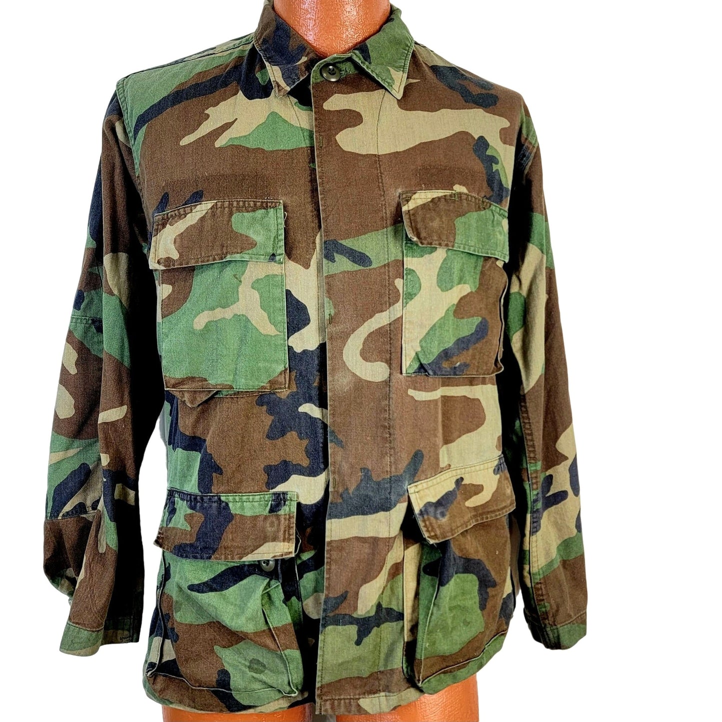 Woodland Camouflage Cargo Shirt Jacket Men Small Green Brown Military Camo