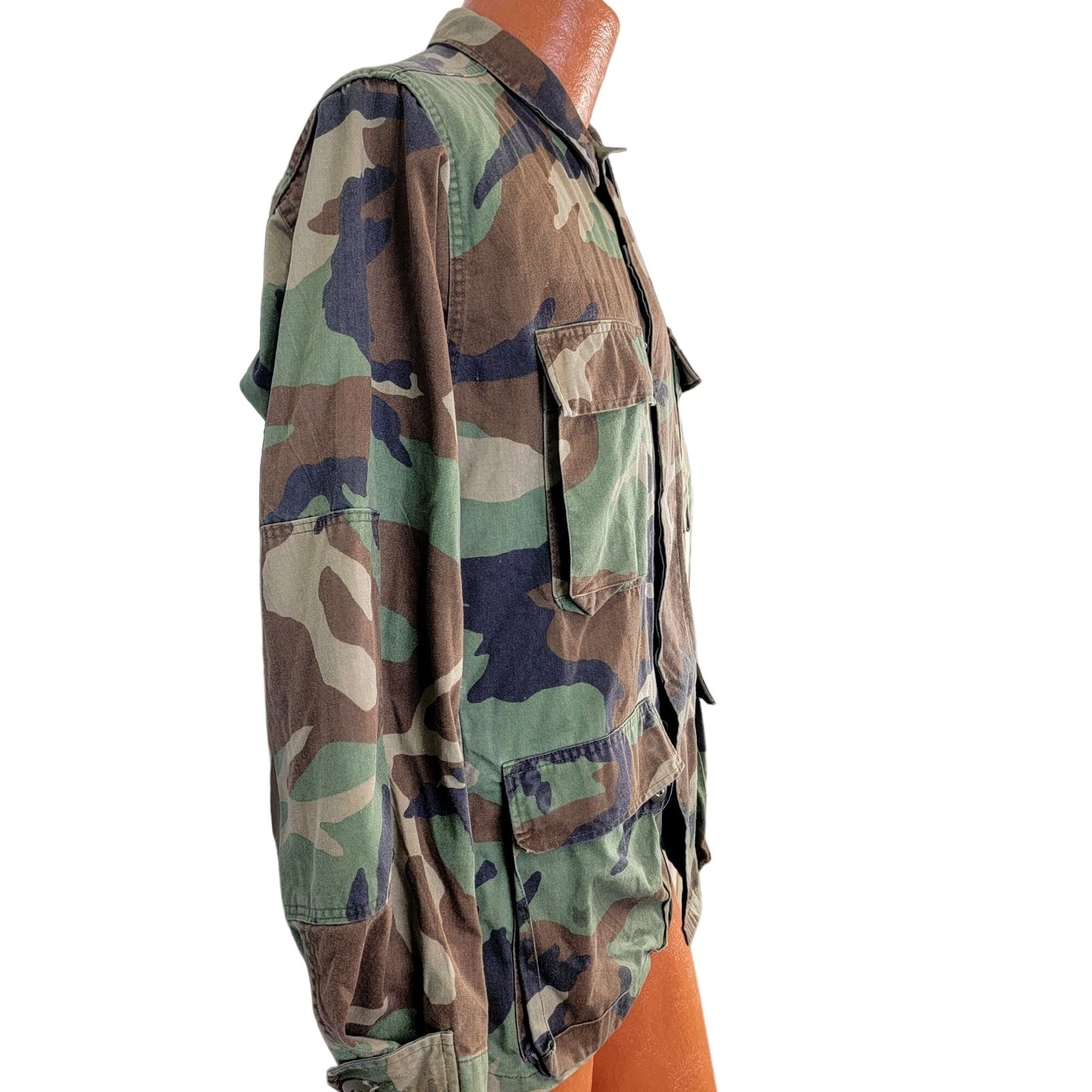 Woodland Camouflage Cargo Shirt Jacket Men Small Green Brown Military Camo