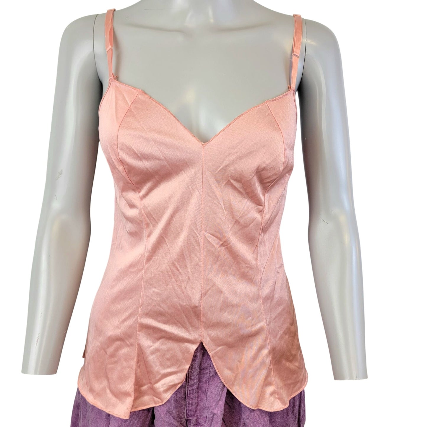 Vintage 70s Nylon Cami Shirt Women Small Pink Tank Top Spaghetti Strap