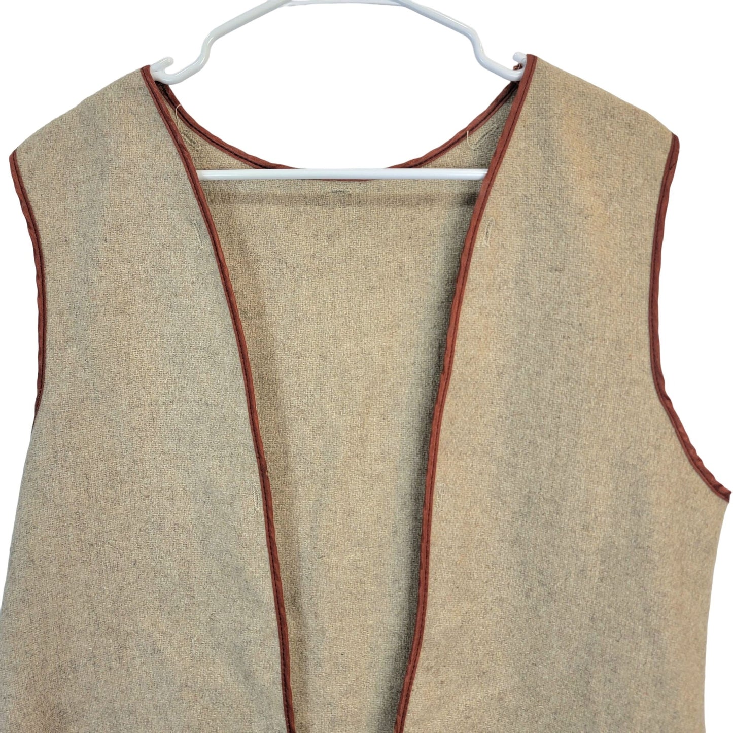 Vintage 70s Long Wool Vest Women XL Jacket Open Cardigan Beige Orange