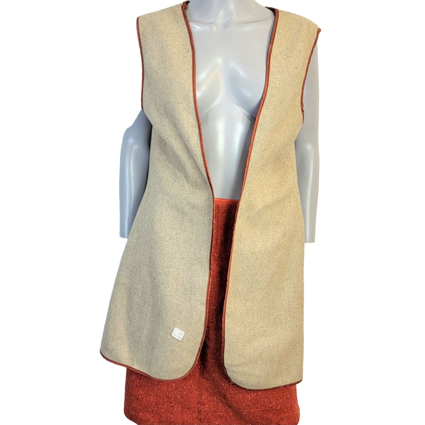 Vintage 70s Long Wool Vest Women XL Jacket Open Cardigan Beige Orange