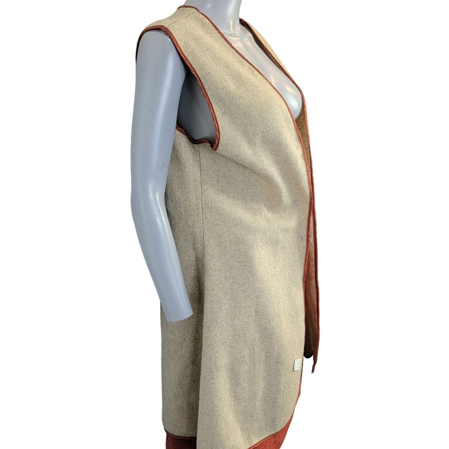Vintage 70s Long Wool Vest Women XL Jacket Open Cardigan Beige Orange