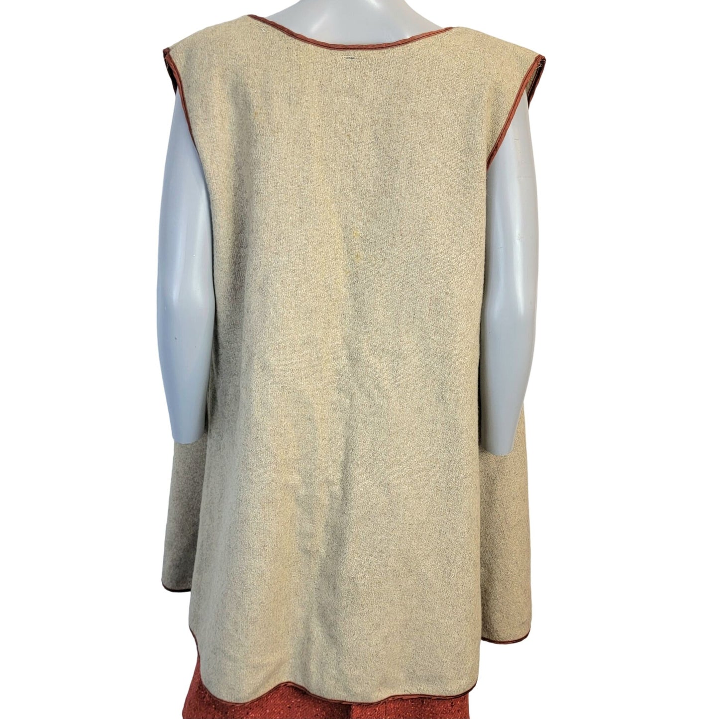 Vintage 70s Long Wool Vest Women XL Jacket Open Cardigan Beige Orange