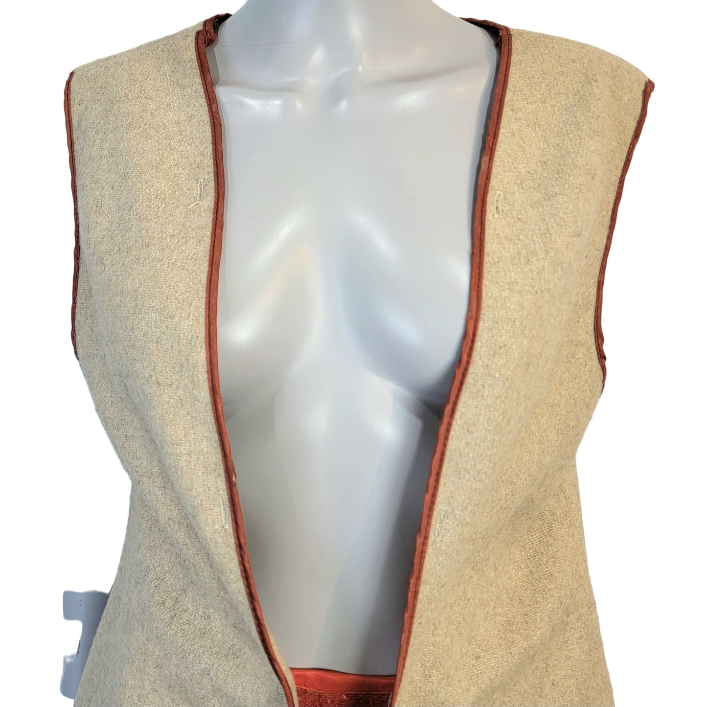 Vintage 70s Long Wool Vest Women XL Jacket Open Cardigan Beige Orange