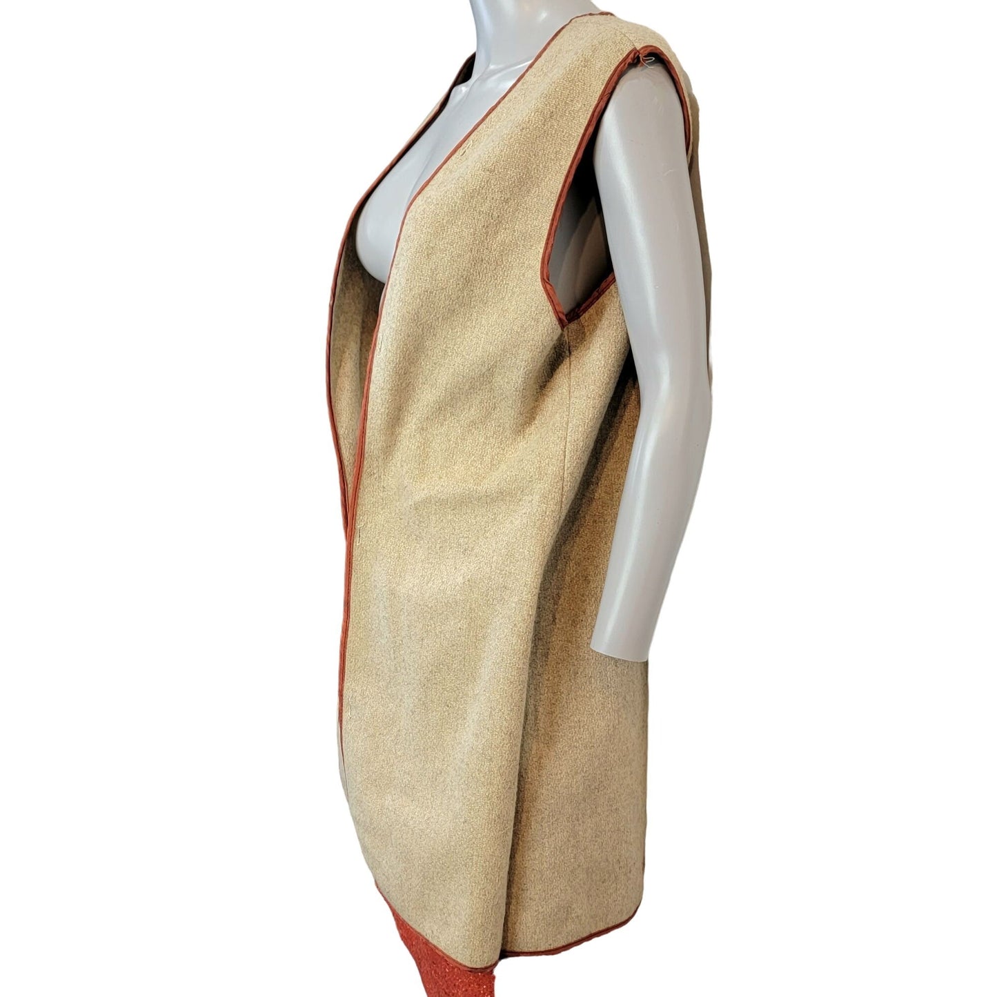 Vintage 70s Long Wool Vest Women XL Jacket Open Cardigan Beige Orange