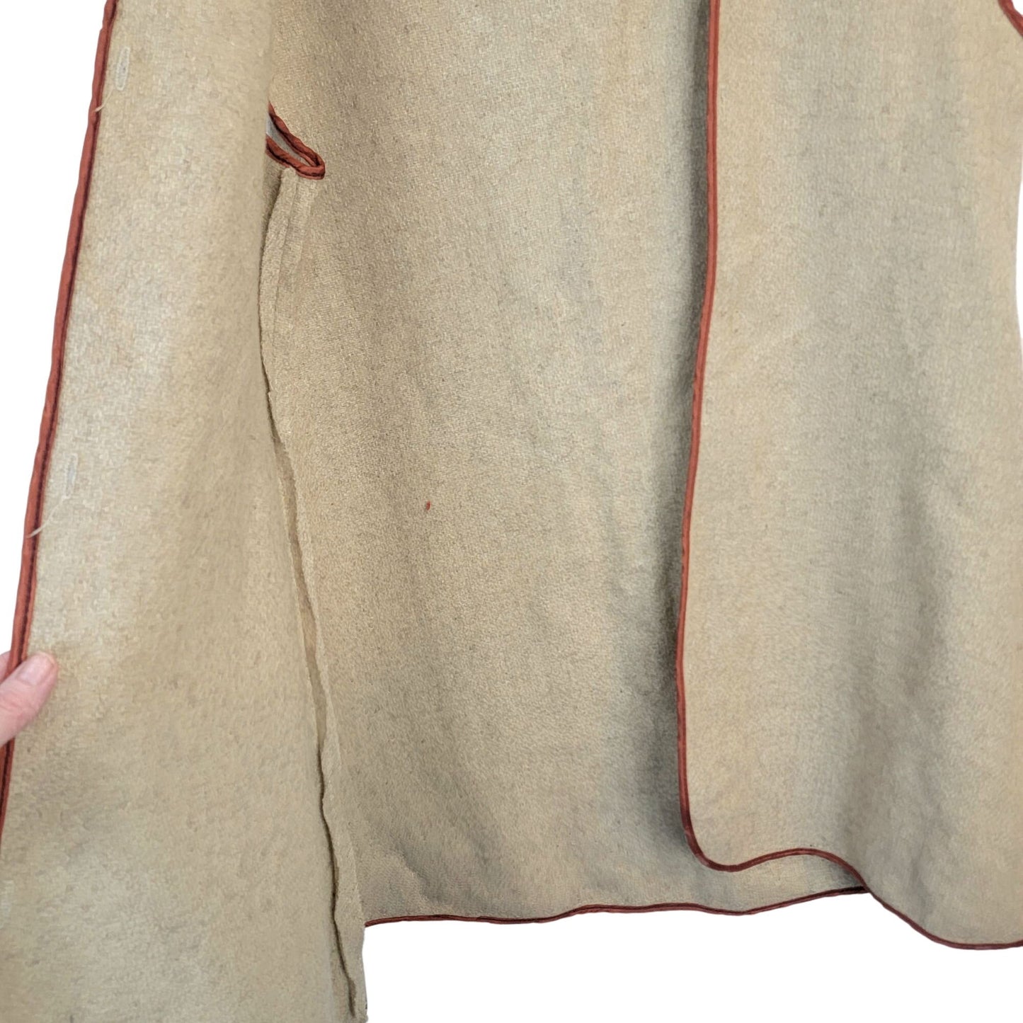 Vintage 70s Long Wool Vest Women XL Jacket Open Cardigan Beige Orange