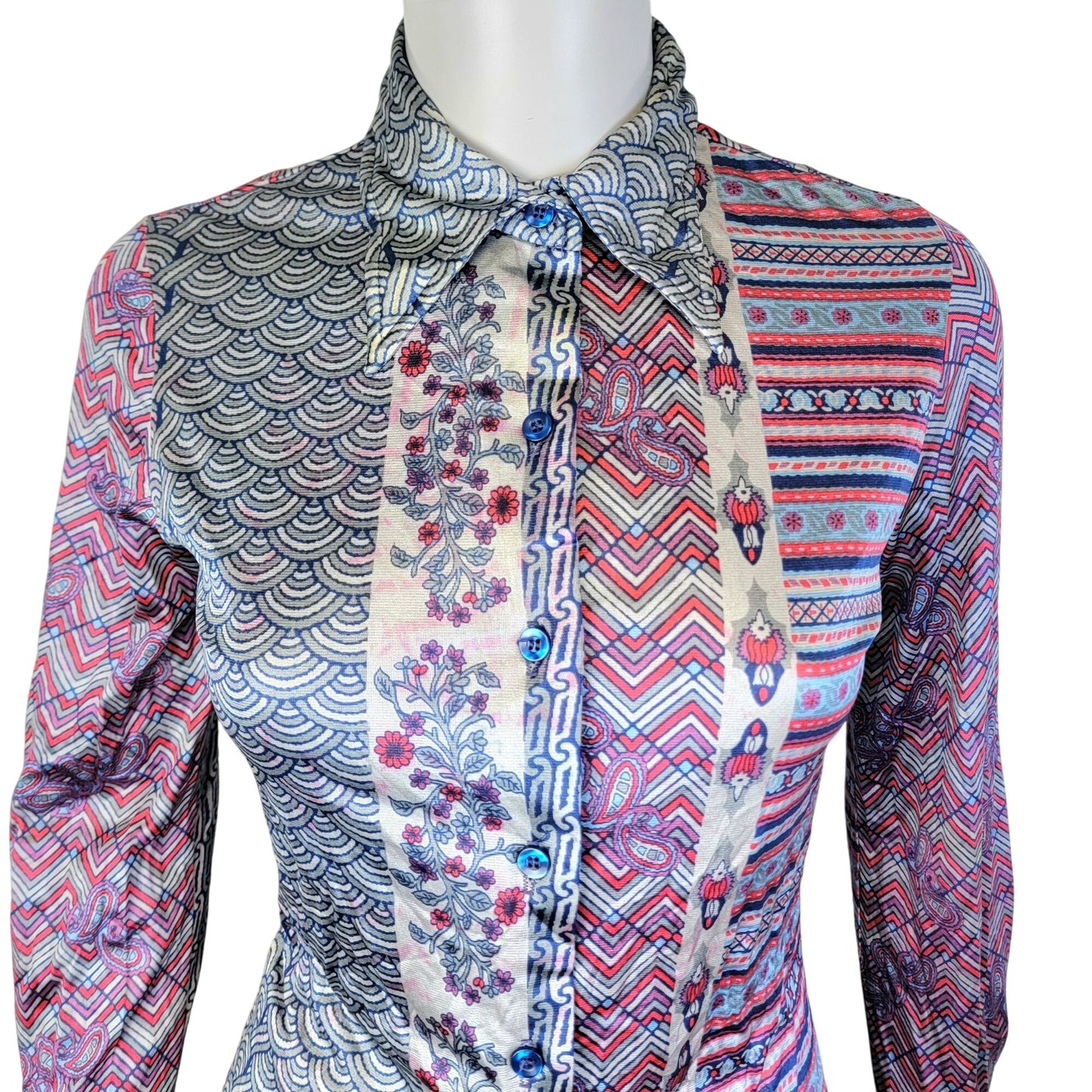 Jantzen Vintage 70s Disco Shirt Women Small Pink Blue 6 Collar Blouse Top