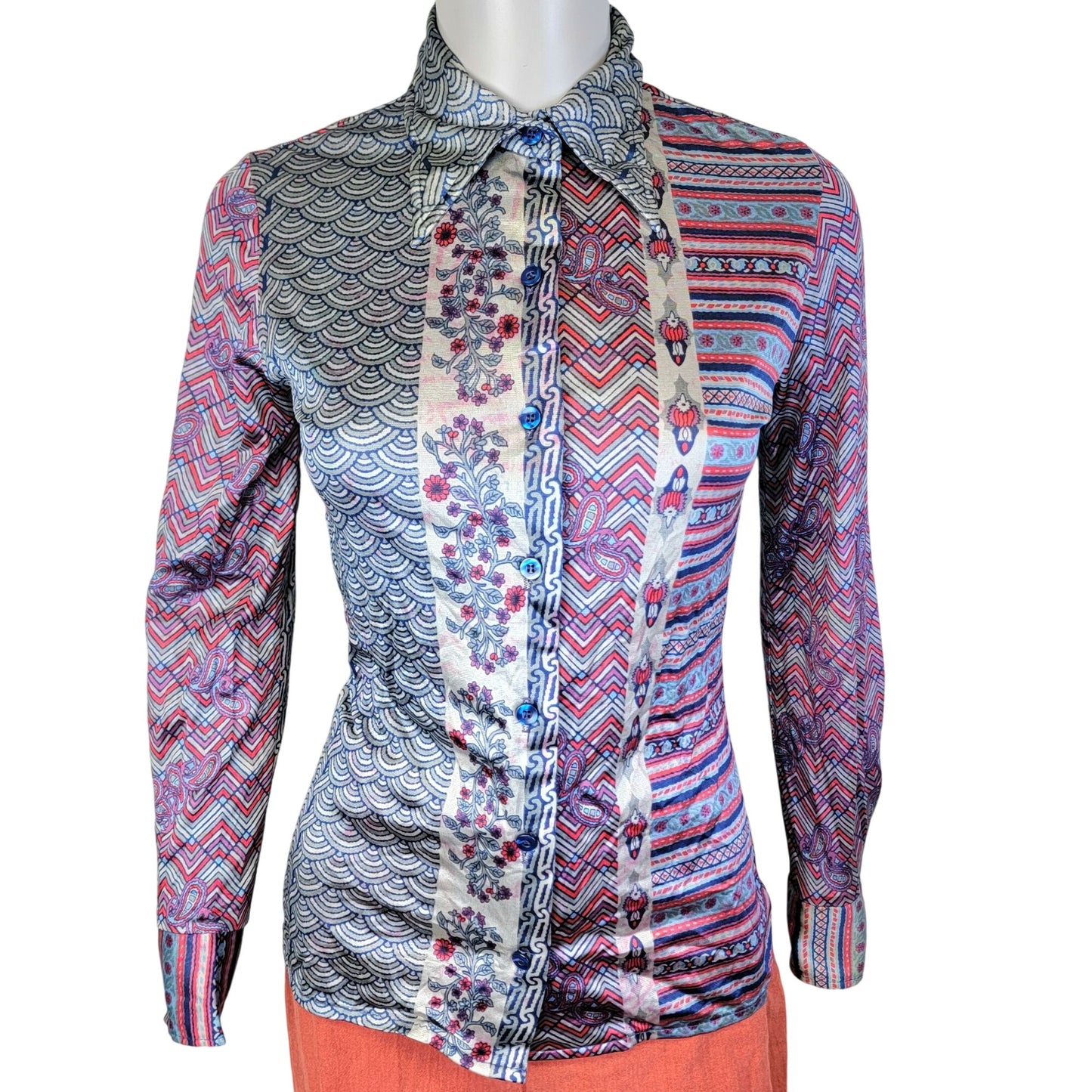 Jantzen Vintage 70s Disco Shirt Women Small Pink Blue 6 Collar Blouse Top