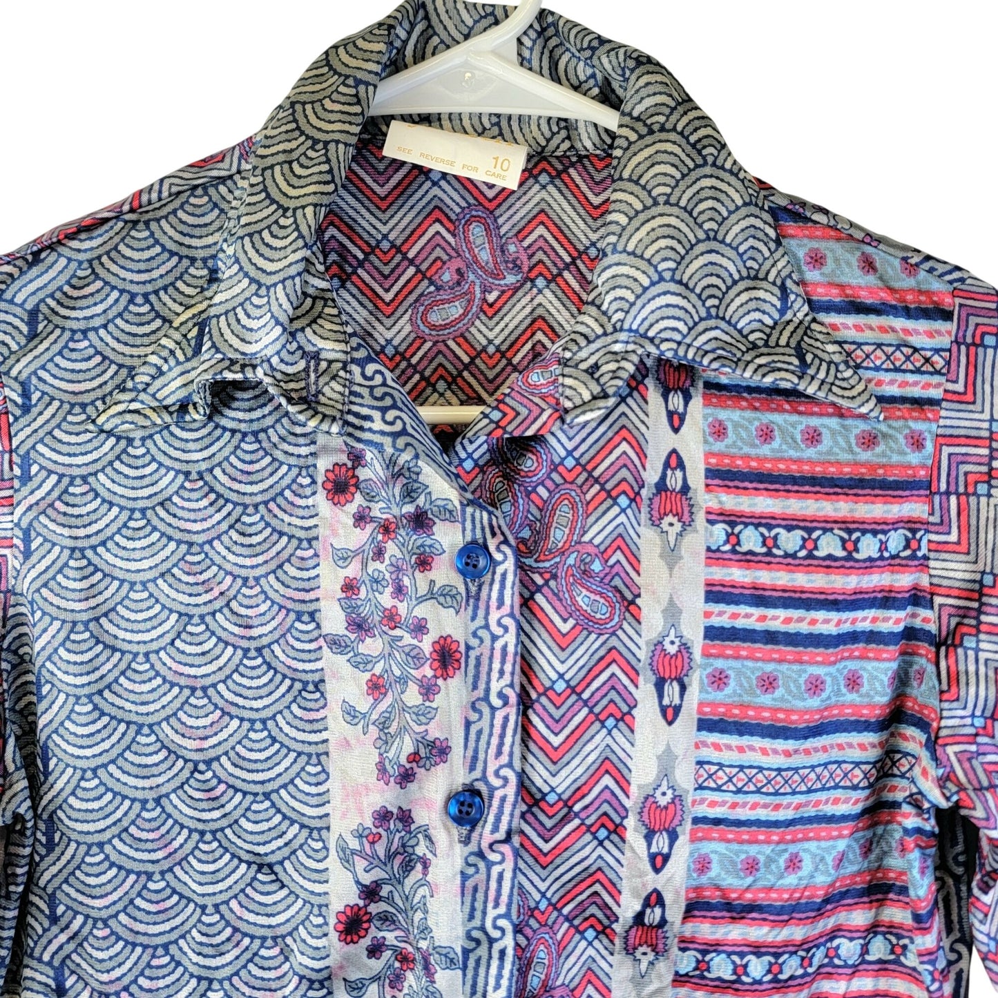 Jantzen Vintage 70s Disco Shirt Women Small Pink Blue 6 Collar Blouse Top