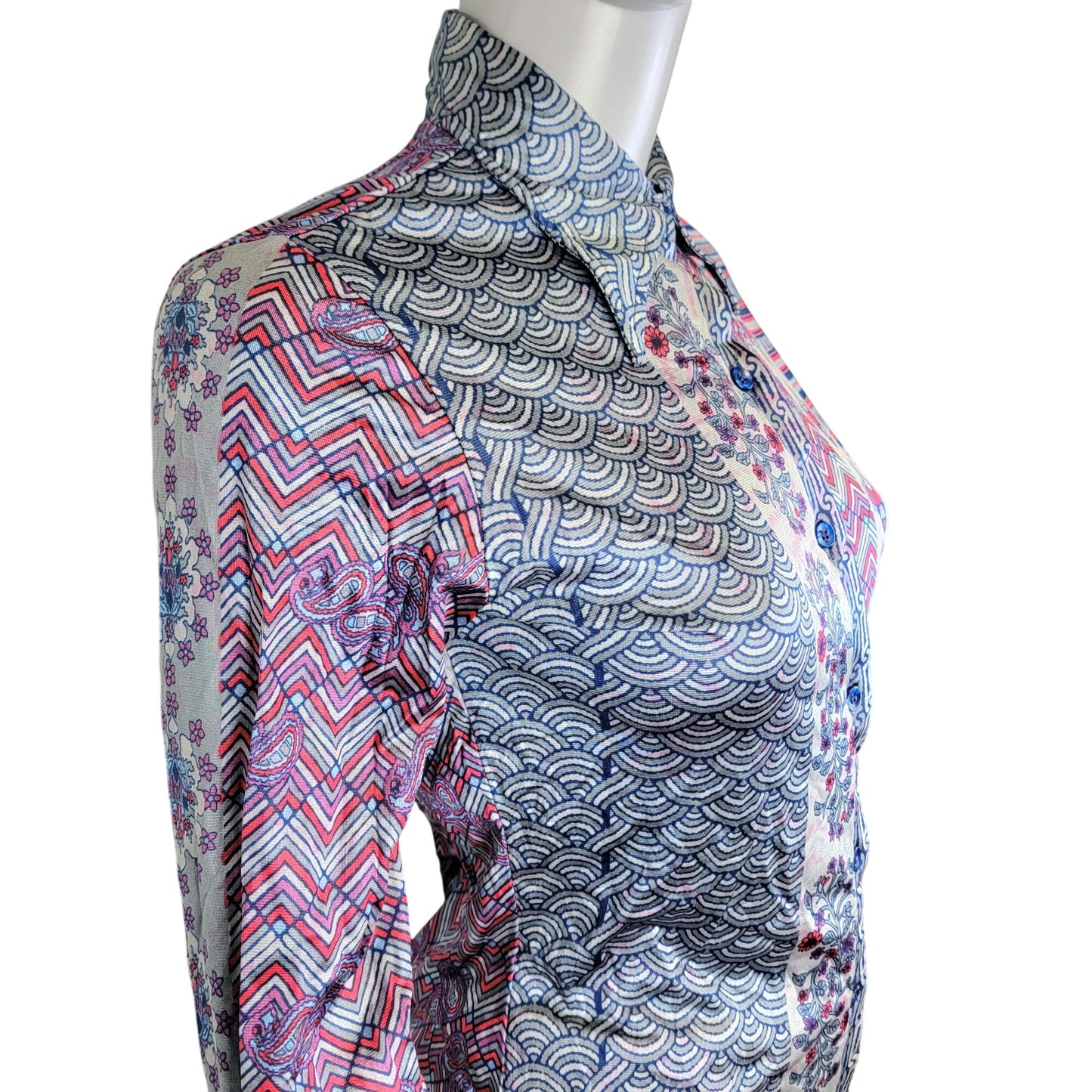 Jantzen Vintage 70s Disco Shirt Women Small Pink Blue 6 Collar Blouse Top