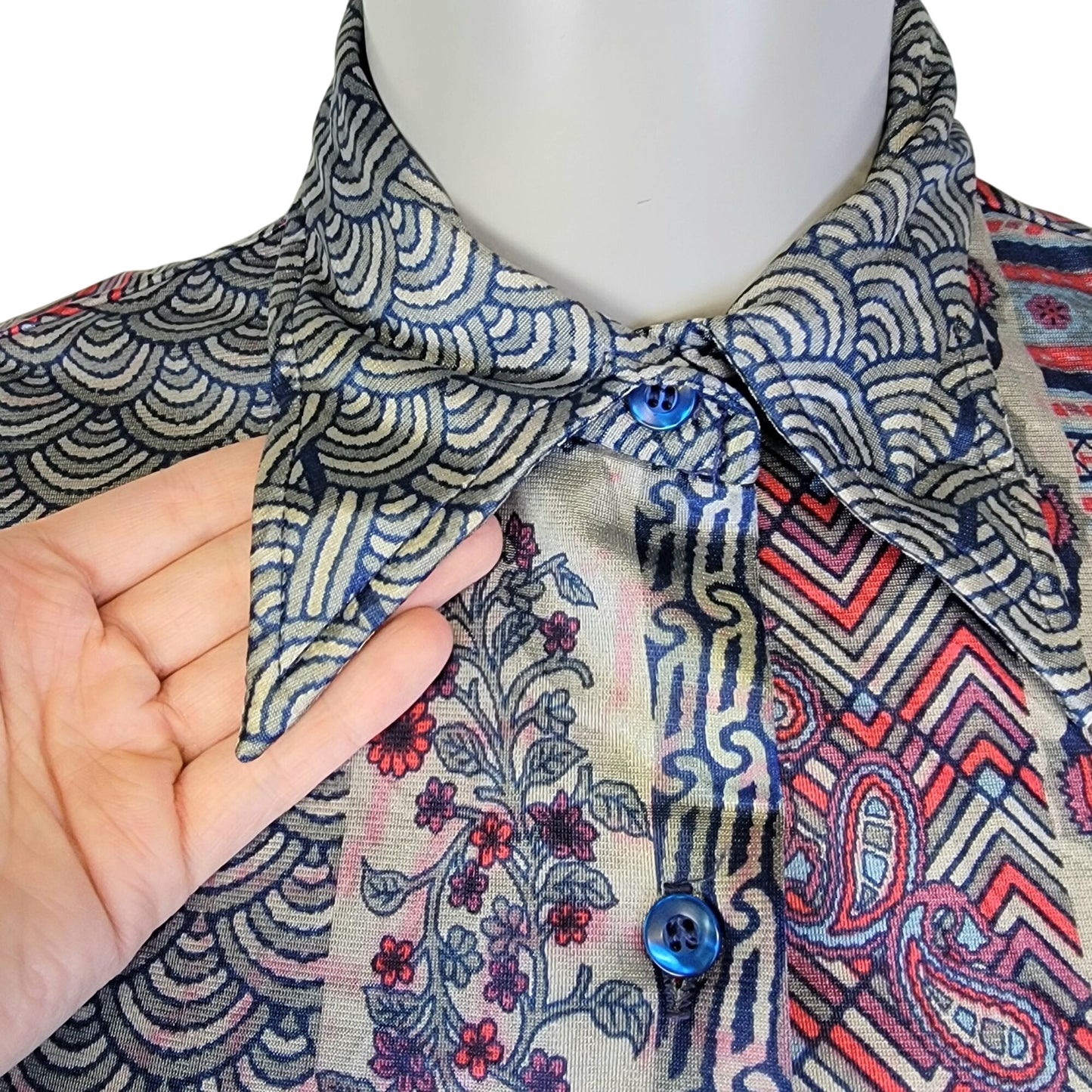 Jantzen Vintage 70s Disco Shirt Women Small Pink Blue 6 Collar Blouse Top
