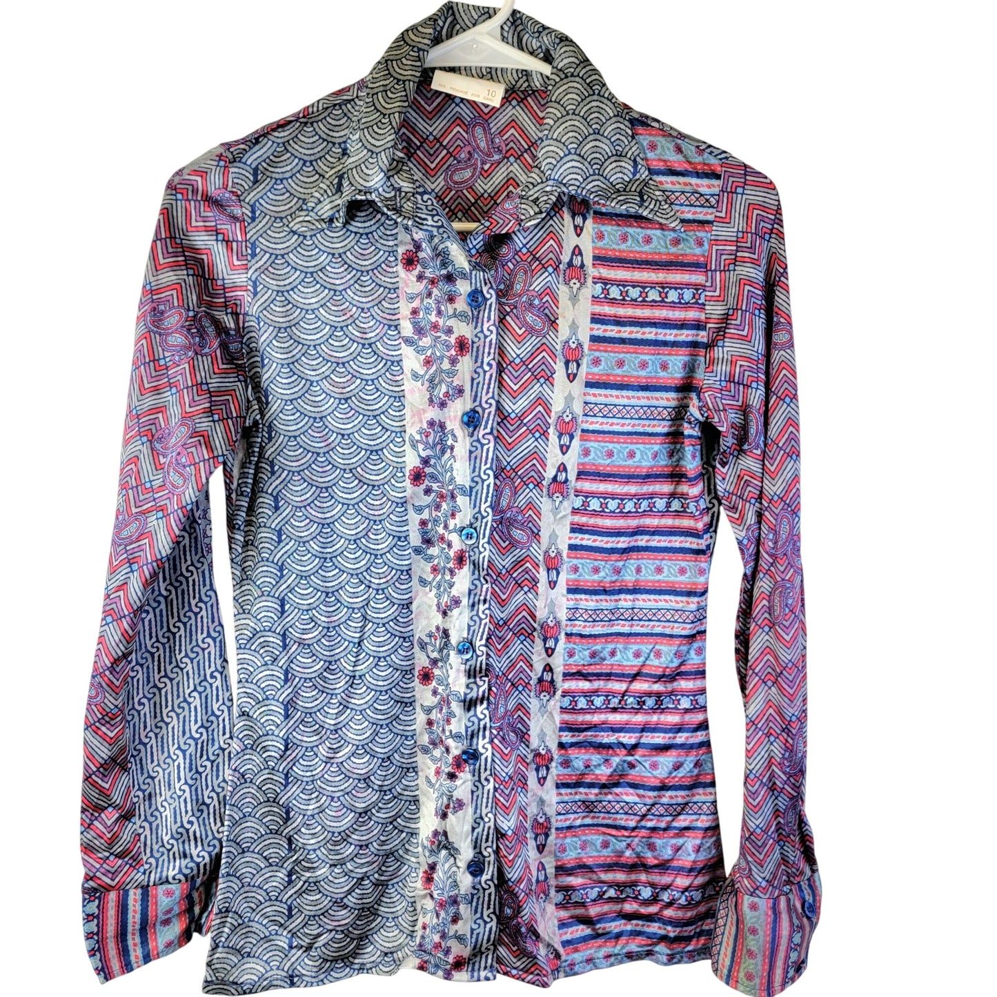 Jantzen Vintage 70s Disco Shirt Women Small Pink Blue 6 Collar Blouse Top