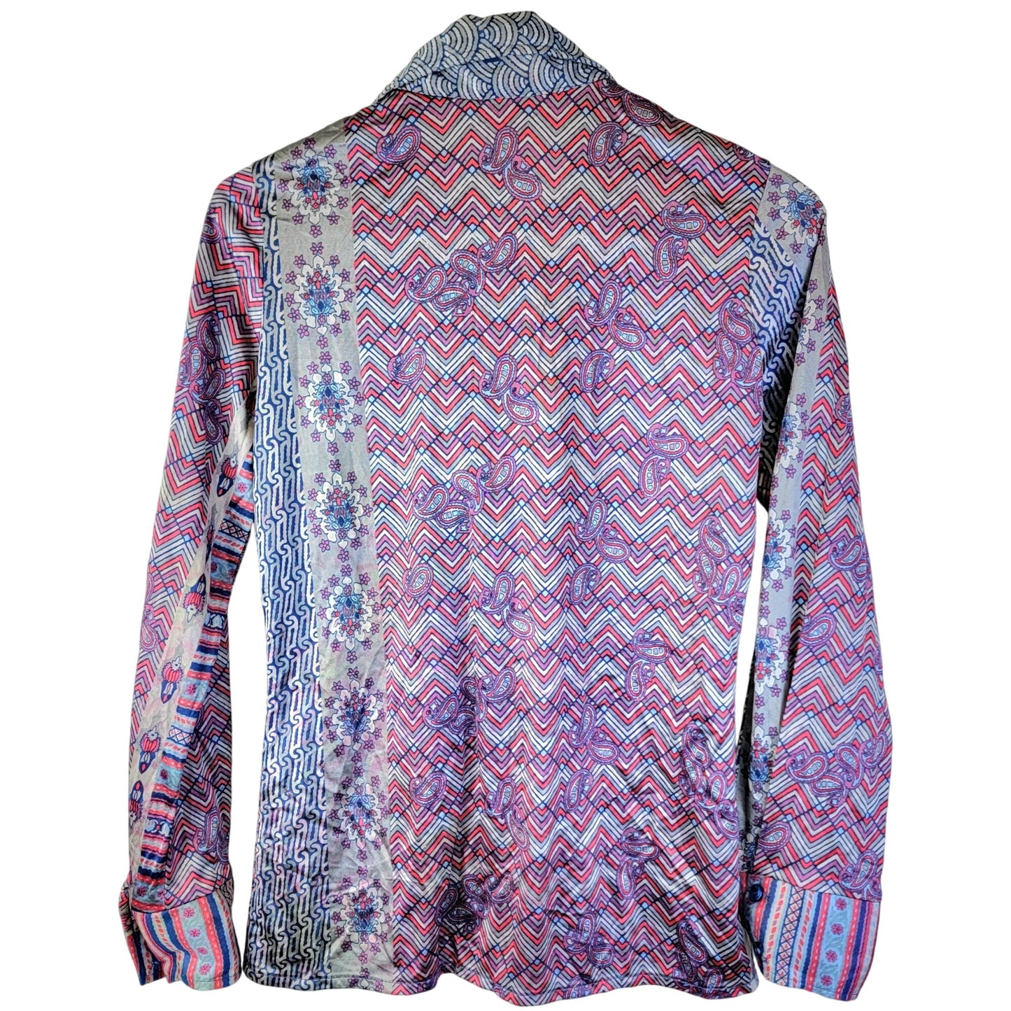 Jantzen Vintage 70s Disco Shirt Women Small Pink Blue 6 Collar Blouse Top
