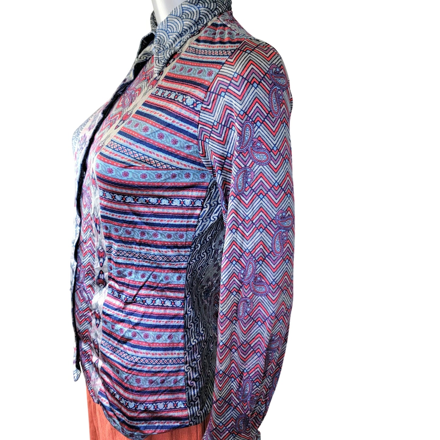 Jantzen Vintage 70s Disco Shirt Women Small Pink Blue 6 Collar Blouse Top