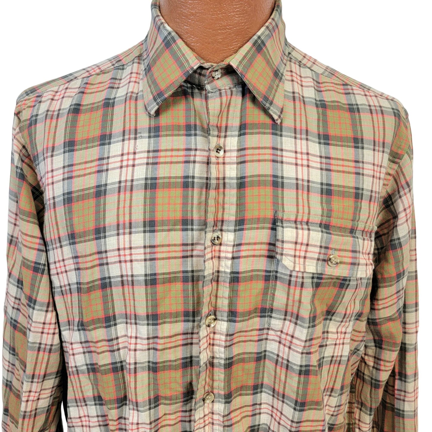 Vintage 70s Wool Flannel Shirt Men Large Retro Plaid Button Top