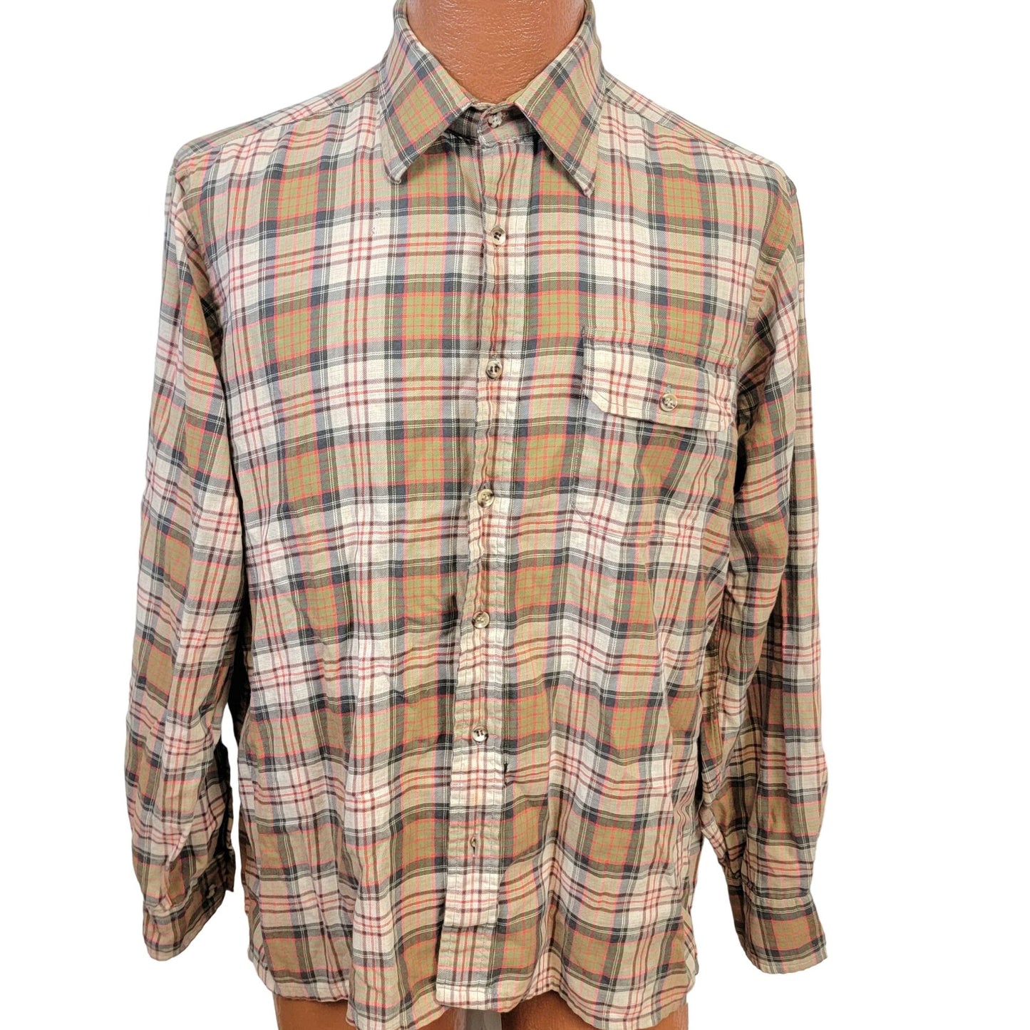 Vintage 70s Wool Flannel Shirt Men Large Retro Plaid Button Top