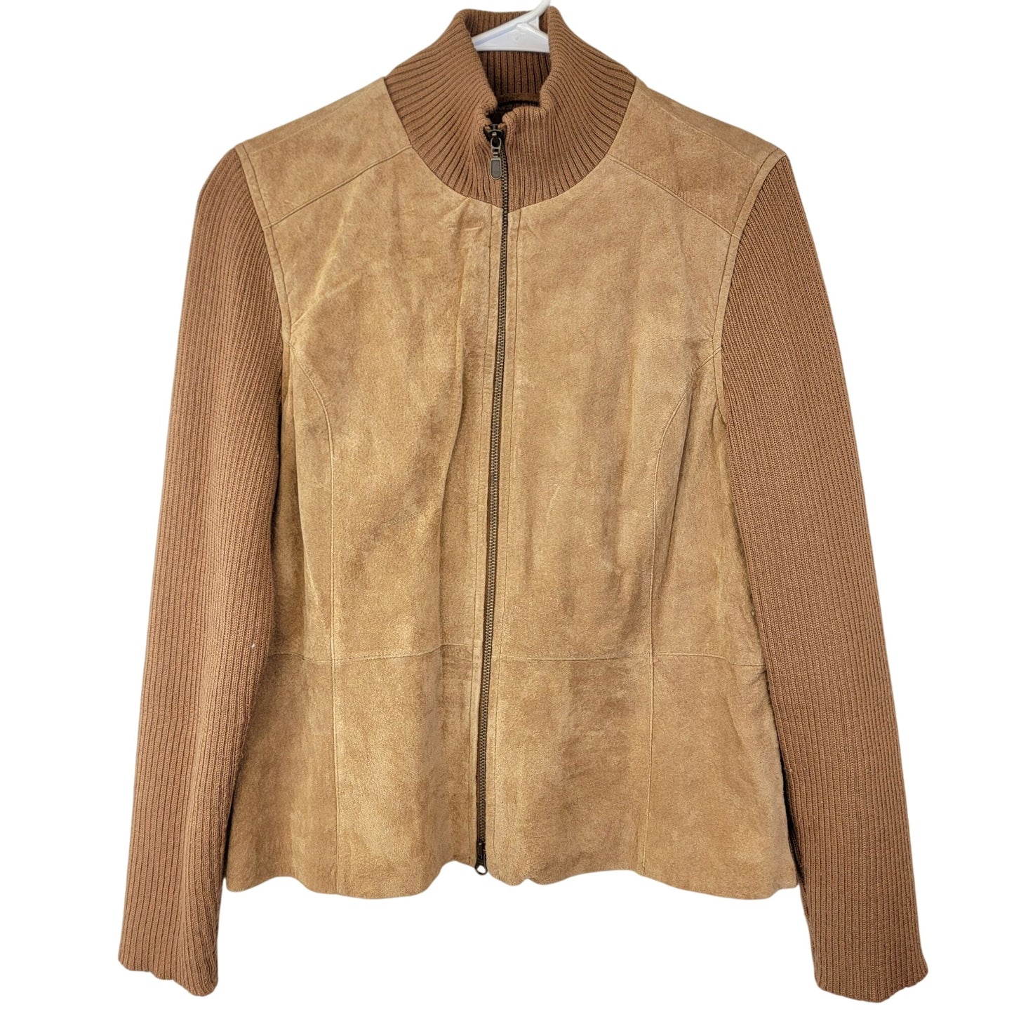 Vintage 90s Suede Leather Jacket Women Large Tan Ribbed Sleeve Zip Elbow Patch L